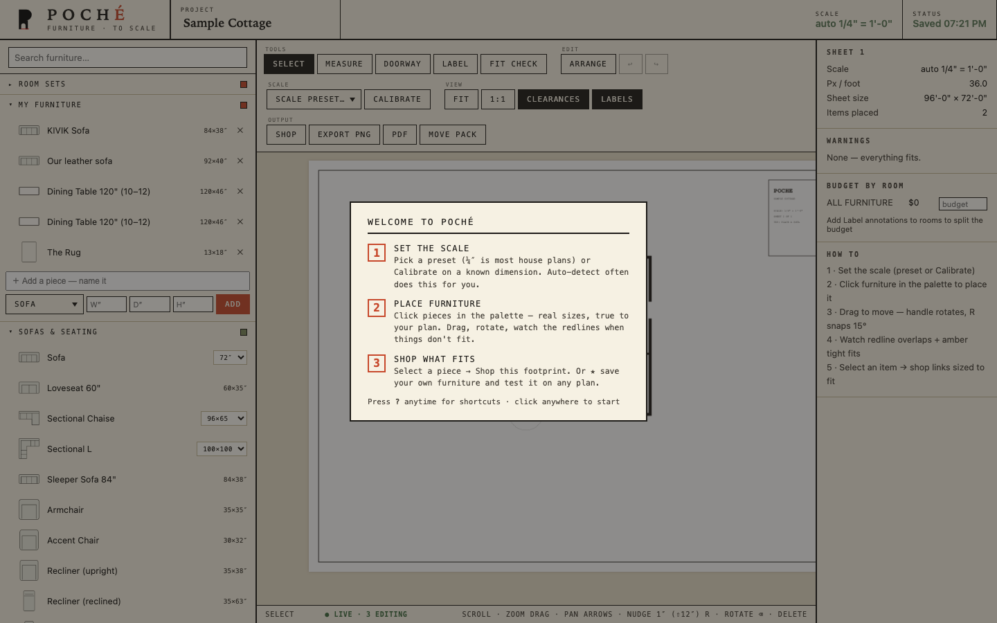 The Poché editor: a floor plan with furniture placed at true scale